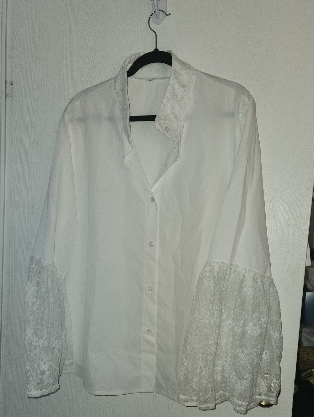 White Lace Sleeve Button-Up Blouse